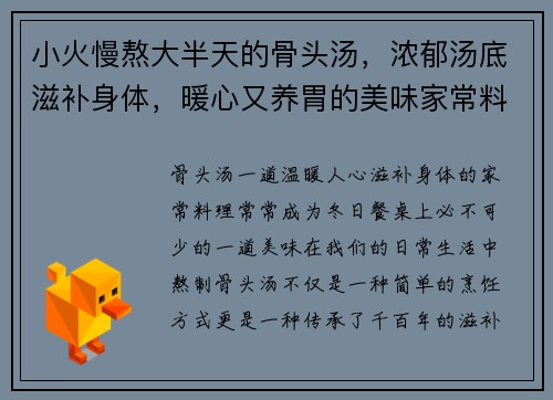 小火慢熬大半天的骨头汤，浓郁汤底滋补身体，暖心又养胃的美味家常料理